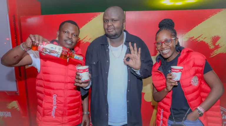 From left, Marketing Manager Spirits East Africa Breweries, Kennedy Mutula, Captain Morgan brand ambassador Mejja Mgenge and Captain Morgan Shopper Manager Mercy Gitari, pose for a photo during the unveiling of Mejja as the Captain Morgan Brand ambassador at the Green Spot Gardens.