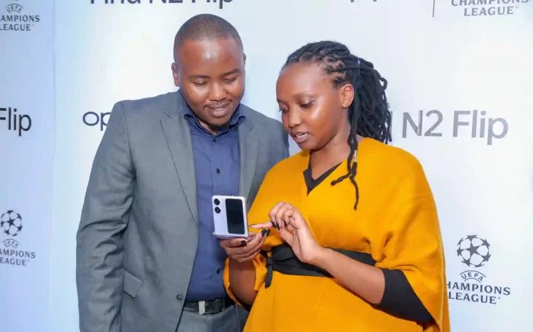 Ernest Teigut, Product Manager, OPPO Kenya and Fredrique Achieng, PR Manager, OPPO Kenya PR Manager, during the official launch of the OPPO Find N2 Flip Phone into the Kenyan Market. Consumers can Trade-in your old smartphone for a new OPPO model and help the environment