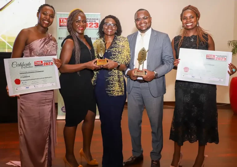 L-R: Edith Gaitho, Relationship Manager - Sidian Bancassurance Intermediary Limited, Abigael Opondo - Asst. Marketing Manager, Naomie Kemei, Senior Manager - Bancassurance, Paul Gitau, Business Support Manager - Sidian Bancassurance Intermediary Limited and Joy Gitau, Bancassurance Officer - Sidian Bancassurance Intermediary Limited at the Think Business Insurance Awards at Movenpick Hotel in Westlands.