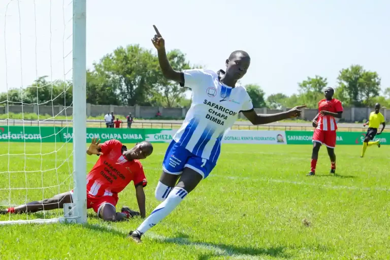 Mercy Achieng of Ogande girls of Ogande Girls Celebrating after scoring the goal against Plateau Queens during the Safaricom Chapa Dimba Nyanza region Inter- County Playoffs at Raila Odinga Stadium in Homa Bay.