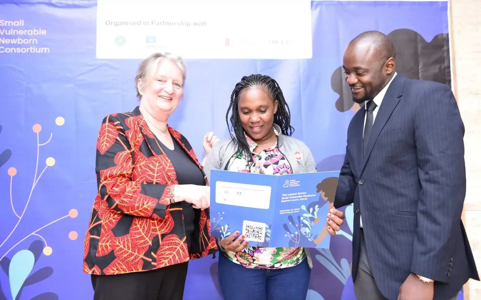 Director of Aga Khan University’s Centre of Excellence in Women & Child Health EA Prof. Marleen Temmerman, Champion Mother Stella Mwikali & Ministry of Health Acting Head, Division of Health Informatics Dr. Job Nyangena during the regional launch of the Lancet report on national preventive measures to curb the high rate of new-borns born too small or too soon.