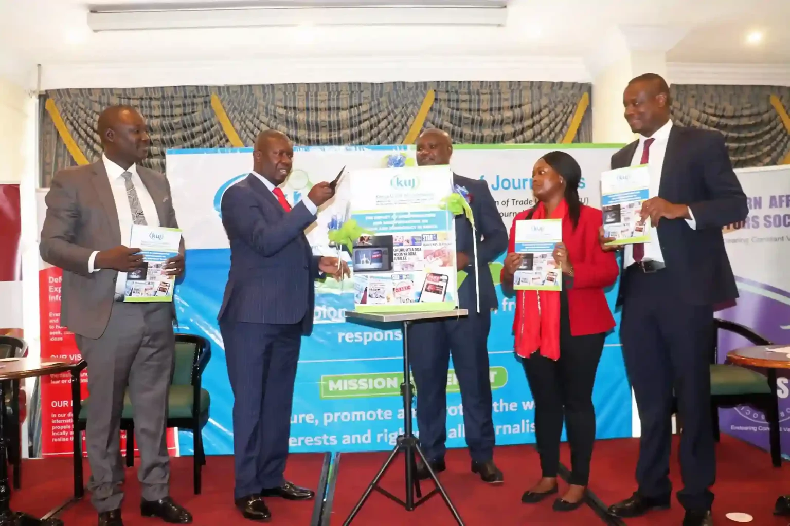 The Director Of Public Prosecutions, Mr Renson Mulele Ingonga during the launch of “The Impact of Disinformation and Misinformation on Media and Democracy in Kenya” with Mr Churchill Otieno, Executive Director Eastern Africa Editors Society, Caroline Kasina, Solidarity Center and Mr Erick Oduor, Secretary General Kenya Union of Journalists, during "The International Day To End Impunity For Crimes Against Journalists" on Wednesday, November 2, 2023.