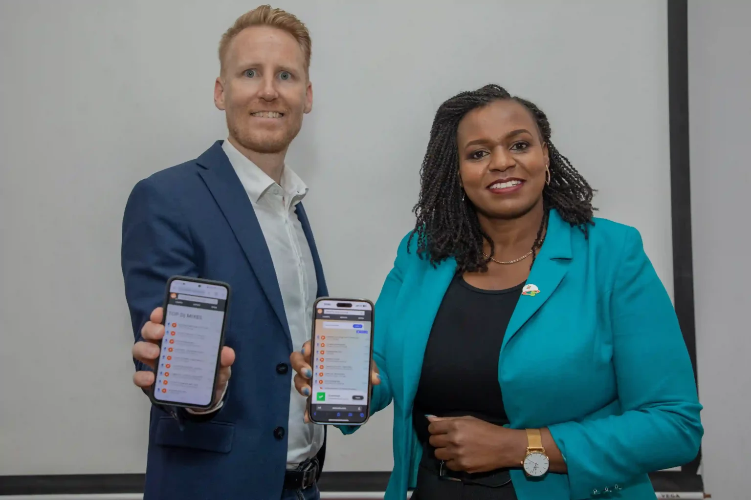 Pauline Kieleko, HoD Digital Service Safaricom and Martin Neilsen, CEO of Mdundo during the launch of the Mdundo Subscription Service in Nairobi.