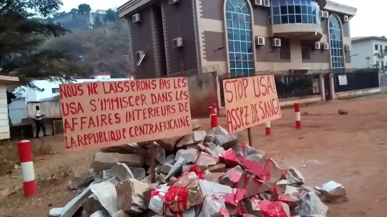 Posters outside Mercy Corps, an American NGO, in Bangui