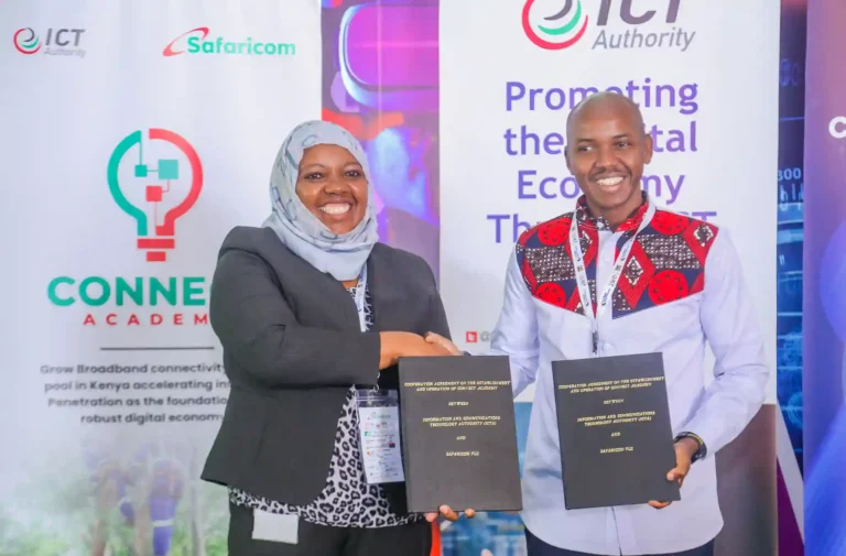 (L-R) Chief Consumer Business Officer, Safaricom PLC, Fawzia Ali Kimanthi and Chief Executive Officer, ICT Authority, Stanley Kamanguya exchage the signed cooperation agreement on the establishment and operation of Connect Academy between ICT Authority and Safaricom PLC during the ongoing Connected Africa Summit at Uhuru Gardens.