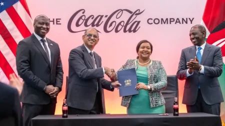 President William Ruto, Trade and Inustry CS Rebecca Miano celebrating a deal with Coca Cola company in Atlanta, Georgia at the company headquarters.