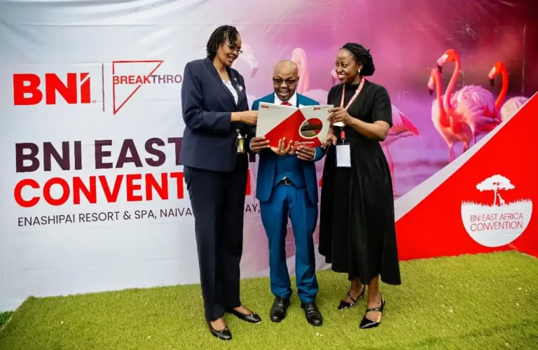 From Left MD KCB Bank Kenya, Annastacia Kimtai, Elizaphan Muraguri, BNI National Director Kenya and Diana Niinsima BNI National Director Uganda share a light moment during the East Africa BNI convention held in Naivasha