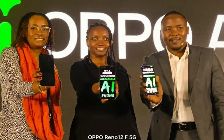 Sheila Kimani, Chief Commercial Officer at Loop DFS, Fredrique Achieng PR Manager OPPO Kenya and Ernest Teigut, Product Manager - OPPO during the launch of OPPO RENO12 Series in Nairobi, Kenya