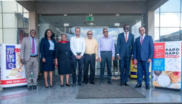 (l-R) Equity Thika Supreme Centre BGDM, Sammy Karanu; Equity Head of Treasury Sales, Winnie Mwai; Equity Bank Kenya Associate Director Public Sector and Institutional Banking, Ambassador Mary Mugwanja; Kenblest’s Vikesh Shah, Jinit Shah, Anju Shah; Equity Bank Kenya Acting Managing Director, Moses Nyabanda and Equity Bank Kenya Director of Credit, Moses Ndirangu at the co Kenblest offices in Thika.