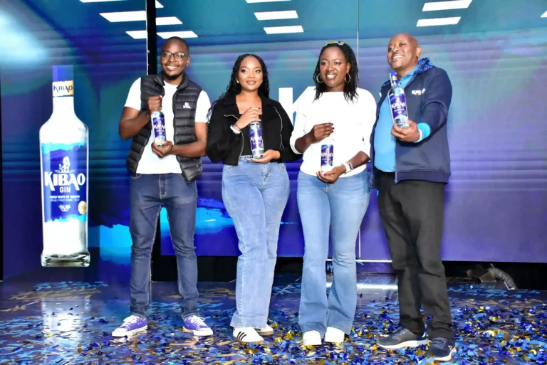 (L-R), KWAL Brand Executive, Dixy Adams; Kibao Gin Brand Manager, Evelyn Murimi; KWAL Head of Marketing, Dr. Senorine Wasike and KWAL Head of Sales, Charles Wamai; pose for a photo with the newly launched Kibao Gin.