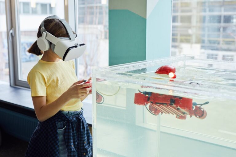 Girl using VR headset testing new device