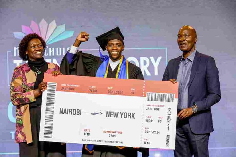 MultiChoice Talent Factory Opens 2026 Applications Cyril Isoe an MTF student from Kenya who won a 6 week trip to New York rejoices as he receives a dummy cheque from Prof Caroline Thorua Ag Deputy VC Research, Innovation and Outreach Kenyatta University and Timothy Owase, Chief Executive Officer, Kenya Film Commission Board, MTF Academy Director East Africa during the Multichoice Talent Factory (MTF) class of 2024 graduation at LPL studios.