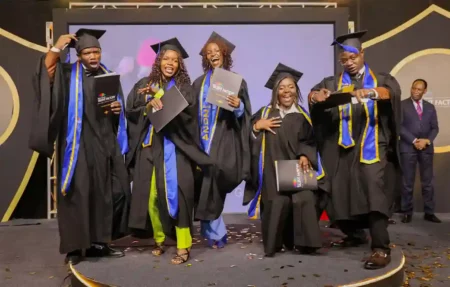 From left, Samwel Kephas, Martha John, Everbright Everready, Grace Costantine, Fuad Konge during the Multichoice Talent Factory (MTF) class of 2024 graduation at LPL studios.