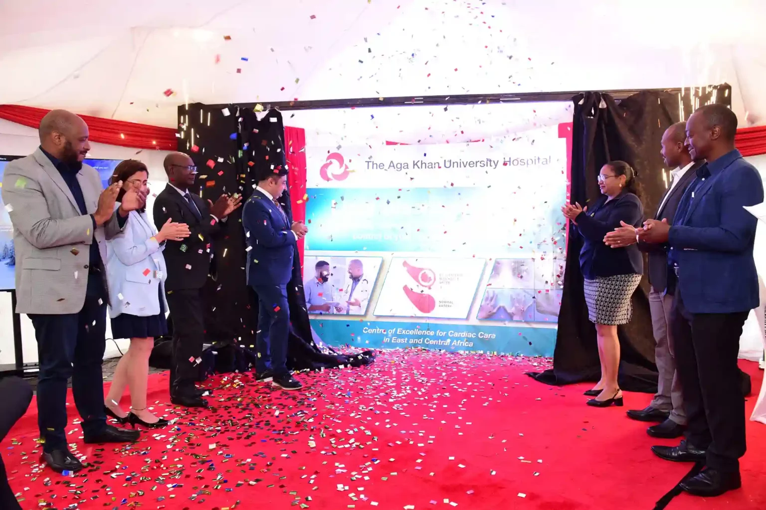 Kenya Cardiac Society President Bernard Samia (3rd left) and Aga Khan University Hospital CEO Rashid Khalani (4th left) together with other consultants during the launch of a lipid clinic at the hospital’s Peponi Specialty and Executive Clinic whose aim is to improve the outcome of the growing burden of cardiovascular diseases in Kenya.