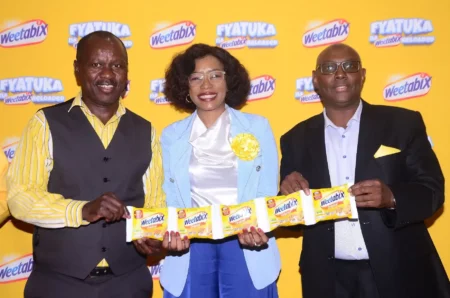 From Left to Right: Weetabix EA Finance Director Sebastian Muthama, Head of Marketing Ascah Ogara and CEO Dominic Kimani pose during the launch of the Weetabix East Africa survey on cereal consumption in Kenya.