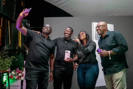 From left to right: HMD Senior Business Managers - East Africa, Gopher Ogembo and Mark Misumi, HMD, Regional Marketing Manager, West, East and Central Africa, Maureen Kambona and Arigi Obiero, legendary photojournalist all smiles during the launch of the HMD Skyline phone