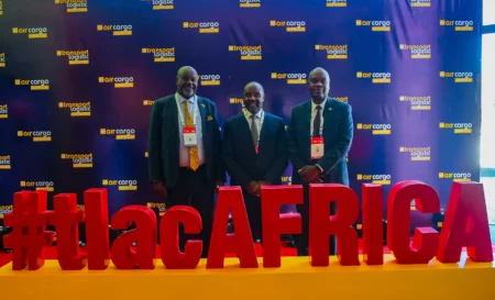 From the Left Kenya Airports Authority (KAA) Board Chairman, Hon. Caleb Kositany, Kenya Airways CEO and MD, Mr Allan Kilavuka and Kenya Civil Aviation Authority Director General Mr. Emile N. Arao. at the Air Cargo Africa Conference 2025.