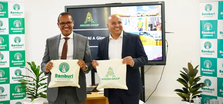 Amsons Group Managing Director Mr Edha Nahdi (left) shares a light moment with Bamburi Cement CEO Mr Mohit Kapoor (right) when they announced the integration kickoff. With Bamburi Cement’s integration, Amsons Group’s total cement manufacturing capacity has grown to 13,000MT/day.