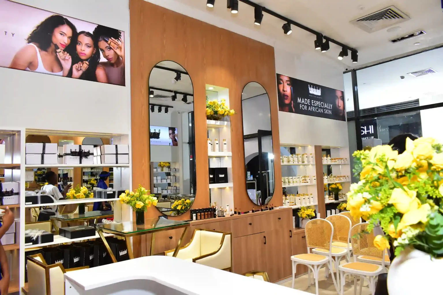 Cosmetic products displayed on the shelves inside the Bella Zuri experiential store at Sarit Center, Nairobi.