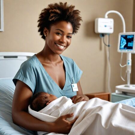 An AI-generated image of a black woman with her new born child in a hospital bed [Source - Hotpot.ai]