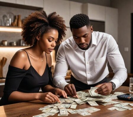 AI-Generated image of a woman and a man counting money on the table (Source- Hotpot.ai)
