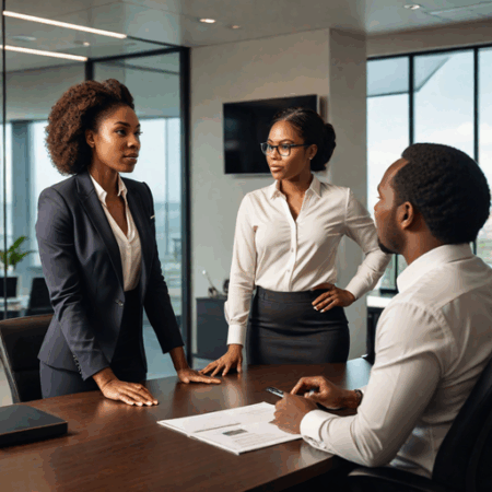 An AI-generated image of a lady talking to her bosses in a modern office(Source - Hotpot.ai)