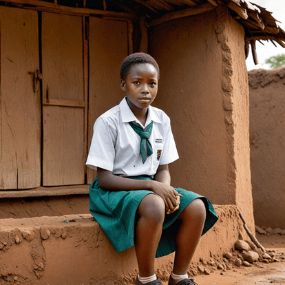 An AI-generated image of a young schoolgirl seated in front of a mud hut, wearing her school uniform(Source - Hotpot.ai)