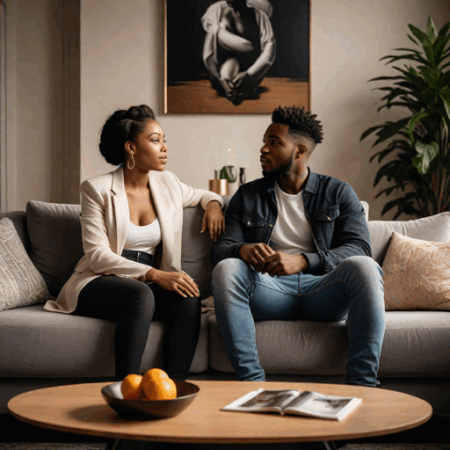 An-AI generated image of a woman and a man seated on a modern couch having a conversation (Source - Hotpot.ai