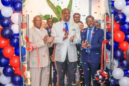 FL- Kinyanjui Macharia, Chairman-Unichoice PLC, Kiprono Kittony, EBS,Chairman-NSE & Bonface Isinta, CEO Choice Bank during the 10Year Commemoration and Rebrand Ceremony in Nairobi