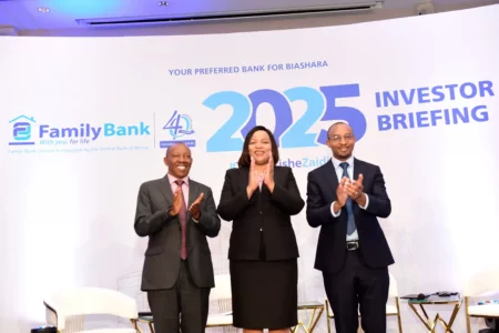 Family Bank Chair Lazarus Muema, CEO Nancy Njau, and Ag. Chief Finance Officer Paul Ngaragari during the Bank’s Q1 2025 financial results media and investor briefing, where the Bank reported a 15.4% increase in Profit Before Tax to KES 1.5 billion for the first three months of the year.