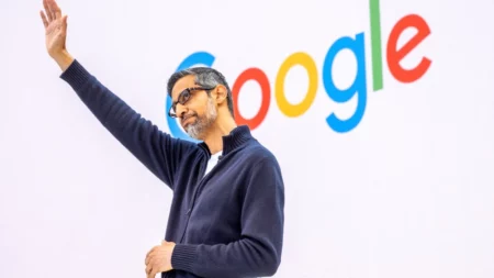 Google CEO Sundar Pichai addresses the crowd during Google's annual IO developers conference in Mountain View, California on May 20, 2025. (Photo by AFP)