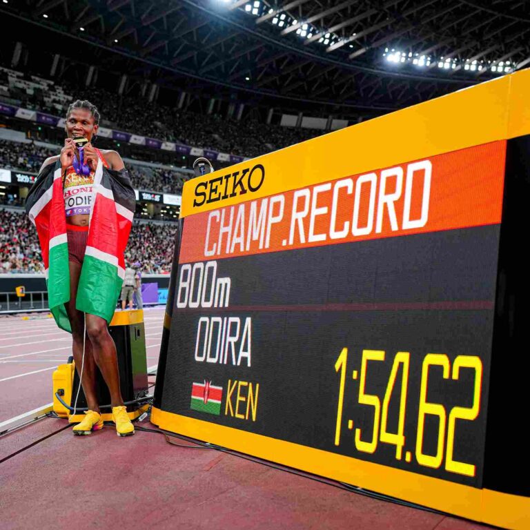 Lilian Odira crosses the finish line in triumph at the Tokyo 2025 World Athletics Championships, winning the women’s 800m in a championship record time of 1:54.62.