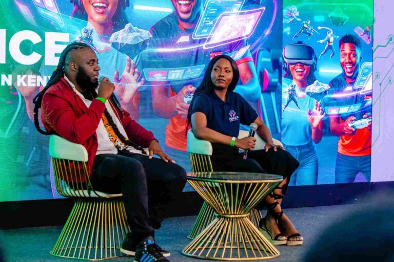 Gamers Brian Diang’a, alias Beast (left), and Shirley Adema (right) during a panel discussion at the Safaricom Inaugural Gaming Conference held at MJC, Safaricom Headquarters in Nairobi.