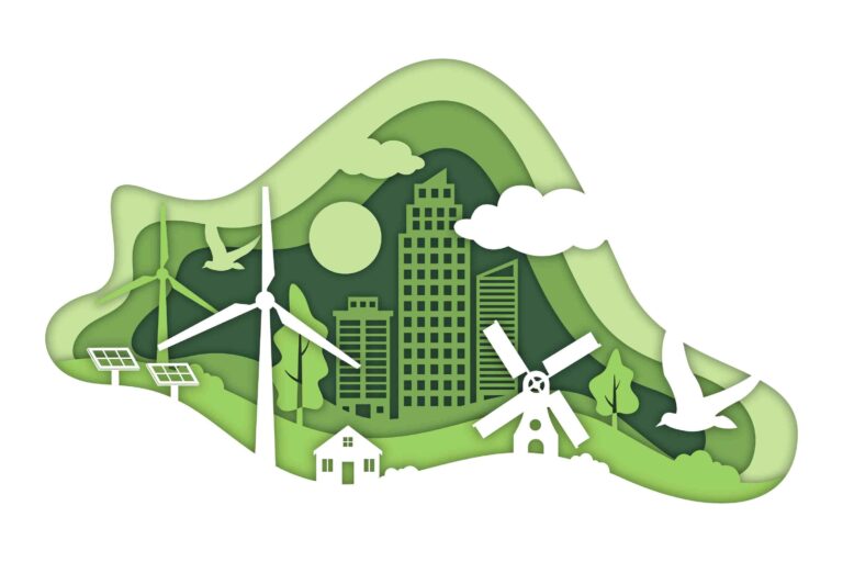 Paper-cut illustration of a green city with wind turbines, solar panels, and trees