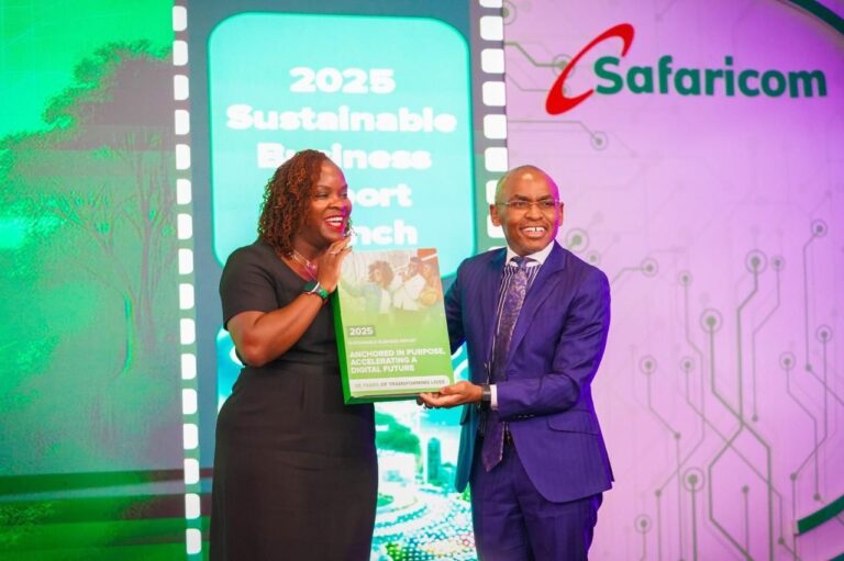 Karen Basiye and Peter Ndegwa unveil Safaricom’s 2025 Sustainable Business Report during the official launch event