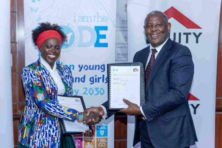 Equity Group Foundation and iamtheCODE Partner to Equip 600,000 African Youth with Future-Ready Digital Skills Lady Mariéme Jamme and Dr. James Mwangi stand side by side during the signing of the iamtheCODE and Equity Group Foundation partnership.