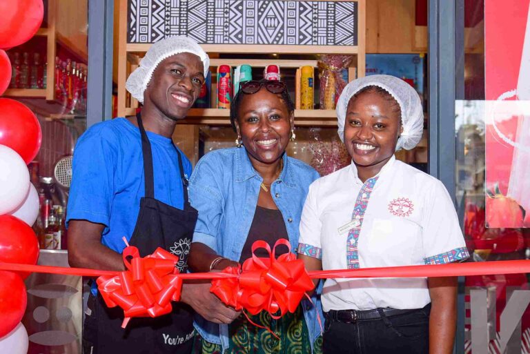 Lazarus Mulamba, Priscilla Gathungu, and Magdalyne Githunguri at Java House Ruaka branch opening