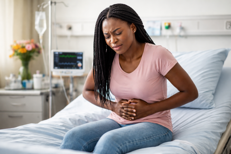 An AI-generated image of a woman sitting in a hospital bed while expressing pain in her stomach