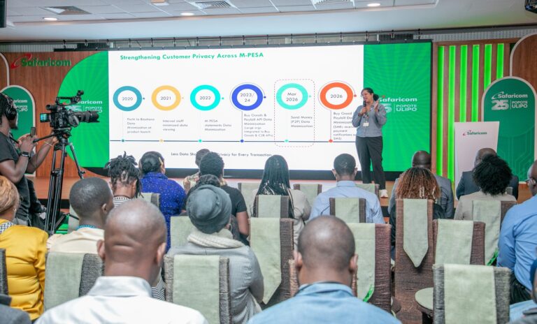 Safaricom's Head of Customer Privacy Sharon Holi at the M-Pesa Data Minimisation Media Briefing — 18 March 2026.