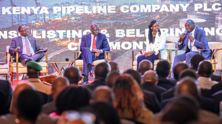 President William Ruto rings the bell at the Nairobi Securities Exchange to mark Kenya Pipeline Company’s IPO listing, joined by senior officials and investors.