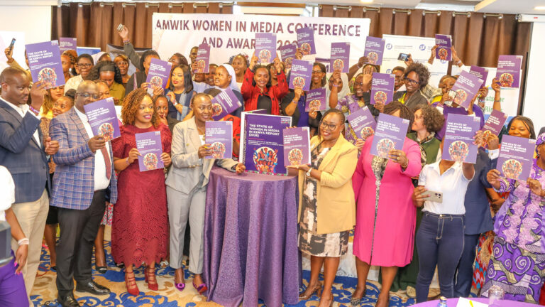 Officials unveiling the State of Women in Media in Kenya Report 2026 at the AMWIK launch event in Nairobi, marking the first comprehensive study of challenges facing women journalists in Kenya's media industry