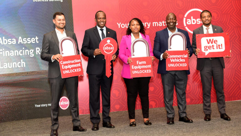 Absa Bank Kenya CEO Abdi Mohamed, Business Banking Director Renato D'souza, Avenue Leasing CEO Raj Shah, Hello Tractor customer Esther Musyoki, and Isuzu East Africa Regional Sales Director Kevin Ochieng at the launch of Absa Bank Kenya ABF 2.0 asset financing proposition in Nairobi.