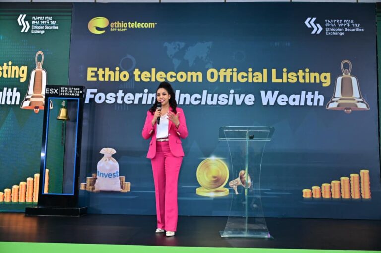 Ethio Telecom CEO Frehiwot Tamiru speaking at the company's listing on the Ethiopian Securities Exchange on May 26, 2026.