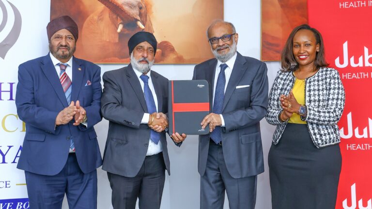 Sikh Council of Kenya Vice Chairman Dr Ravinder Singh Mathru and National Chairman Gurdeep Singh Flora with Jubilee Holdings Chairman Zul Abdul and Jubilee Health Insurance CEO Njeri Jomo at the community medical cover launch