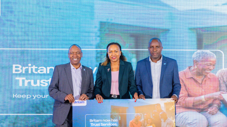 Tom Gitogo, Britam Group Managing Director and CEO, Susan Mathenge, Britam Trust Manager, and Moses Kang'ethe, Acting CEO and Principal Officer of Britam Life Assurance, at the Britam Trust Services launch in Nairobi, Kenya on June 17, 2026.