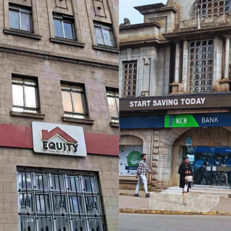 Equity Bank and KCB Bank branch facades in Nairobi's central business district