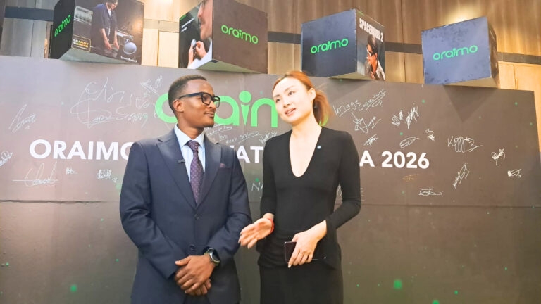 Oraimo Brand Manager Sia Fan and Kenya Product Manager Samwel Njoroge speaking at Innovation Gala 2026 press session in Nairobi