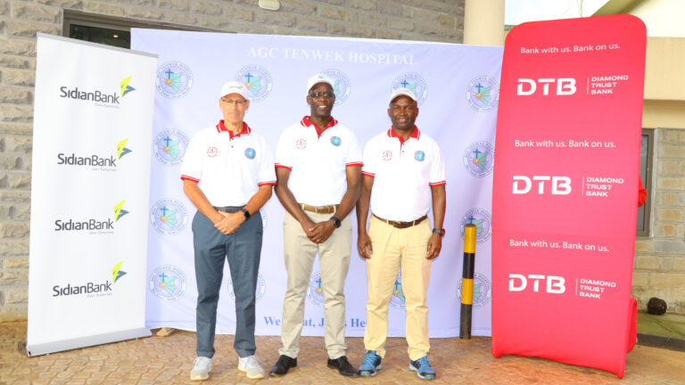 From left: Jimmy Miller, Field Director at Tenwek Hospital; Ben Siele, CEO of AGC Tenwek Hospital; and John Okulo, CEO of Sidian Bank, at the AGC Tenwek Hospital Charity Golf Tournament at Kericho Golf Club