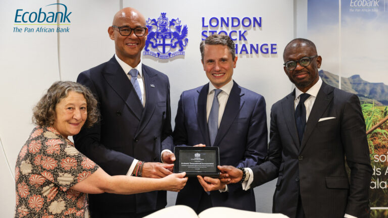 Papa Madiaw Ndiaye and Jeremy Awori ring the opening bell at London Stock Exchange for Ecobank Nature Bond