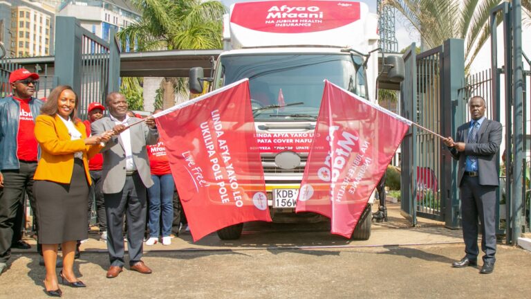 Jubilee Health Insurance executives flag off the Afya Mtaani mobile van in Nairobi to launch the Lipa Pole Pole instalment health cover campaign